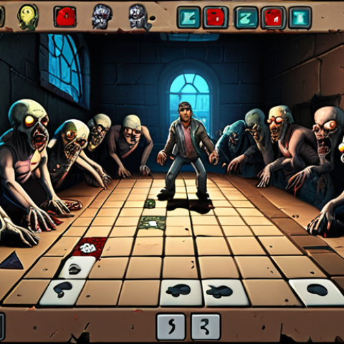 Home 4 A tense scene in Puzzle of Z: A player strategically matching puzzle pieces to unleash a powerful attack against a horde of cartoonish zombies, skill icons and item power-ups are visible, set against a dark, gritty background.